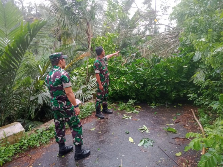 Danramil 14/Madukara, Bersama Babinsa Tinjau Lokasi Kejadian Angin Puting Beliung Yang Menerjang 5 Unit Rumah Warga